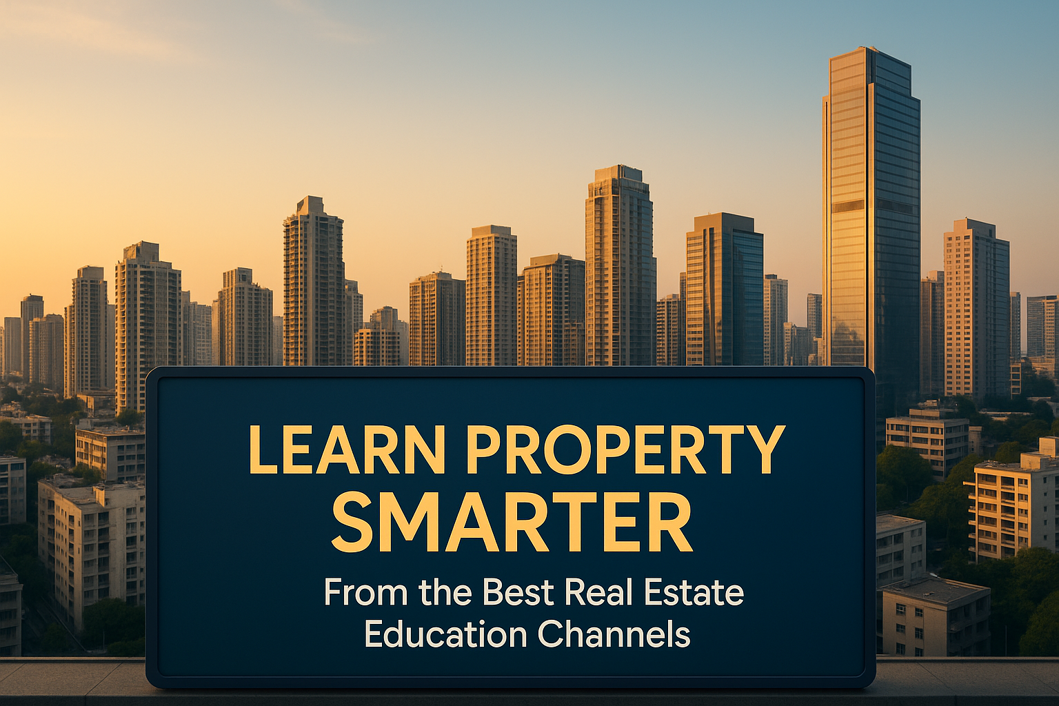 Modern Indian city skyline with educational theme banner about top real estate education channels.