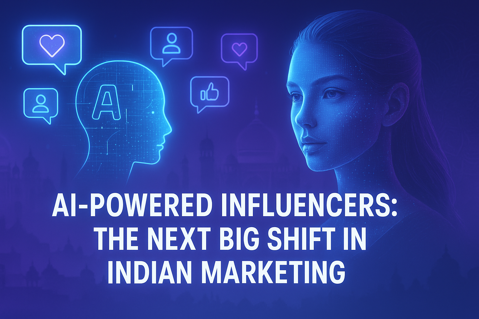 Banner featuring the tagline “AI-Powered Influencers: The Next Big Shift in Indian Marketing” with a futuristic digital background showing holographic AI faces and social media icons representing the rise of AI influencers in India.