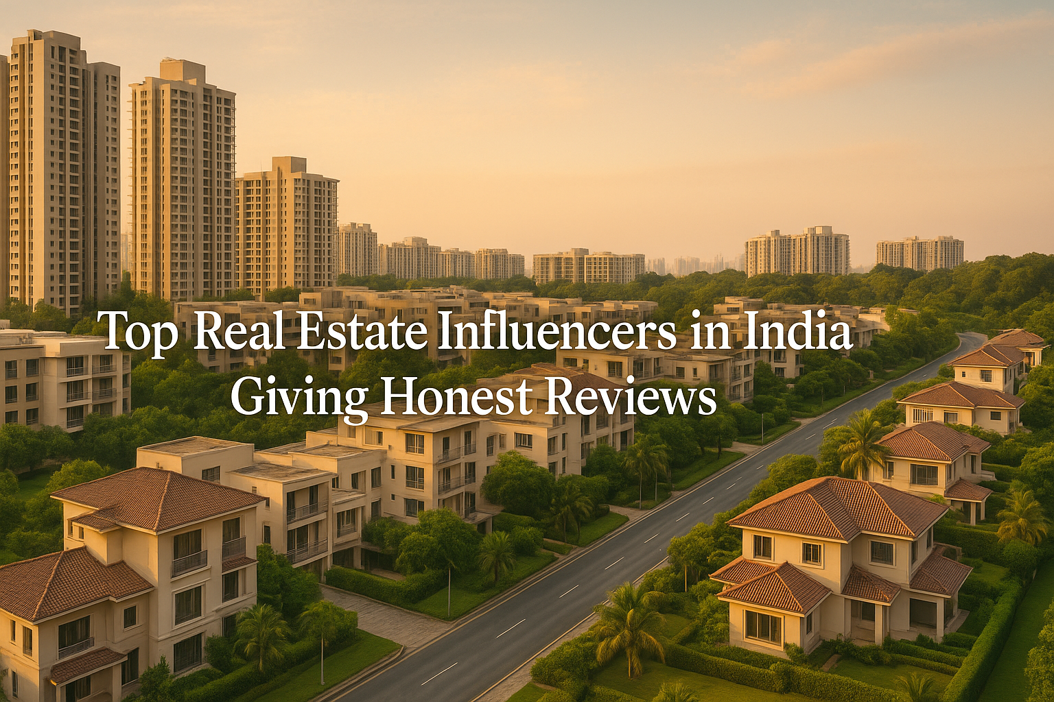 A warm, photo-realistic image featuring Indian high-rises, villas, and greenery with the tagline “Top Real Estate Influencers in India Giving Honest Reviews,” representing transparency and credibility in the property market.