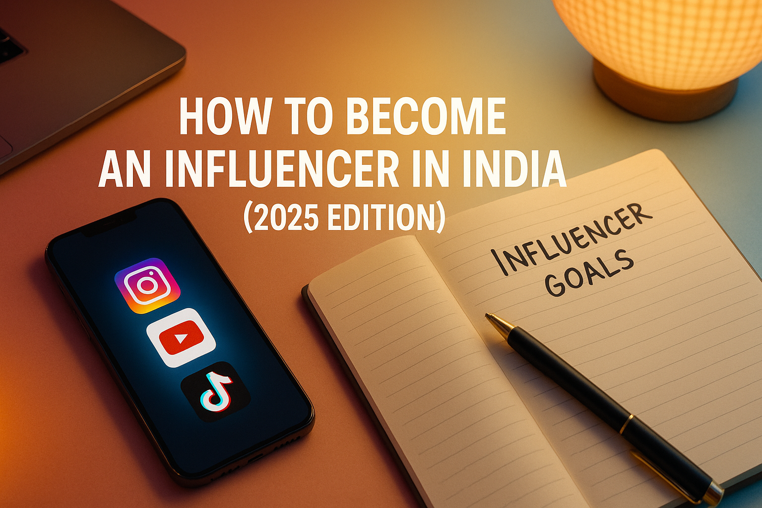 Digital workspace with social media apps and influencer tools representing the journey to becoming an influencer in India in 2025.