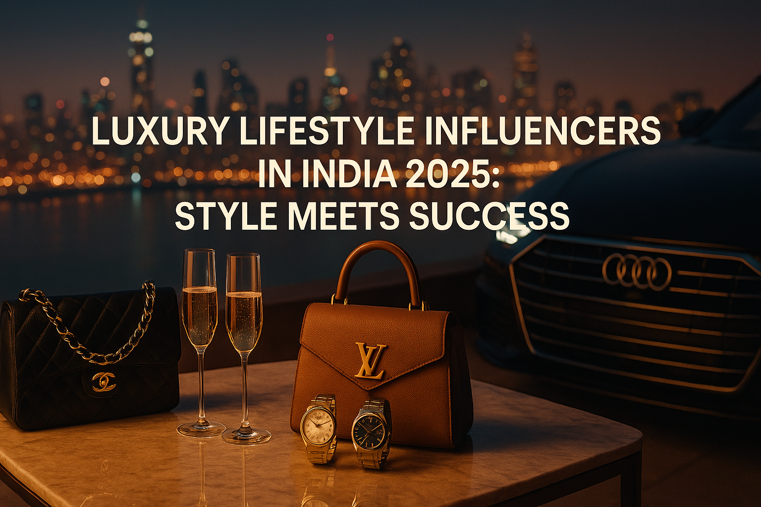 Luxury lifestyle concept featuring Indian city skyline, premium fashion accessories, and elegant golden tones for the blog “Luxury Lifestyle Influencers in India 2025: Style Meets Success.