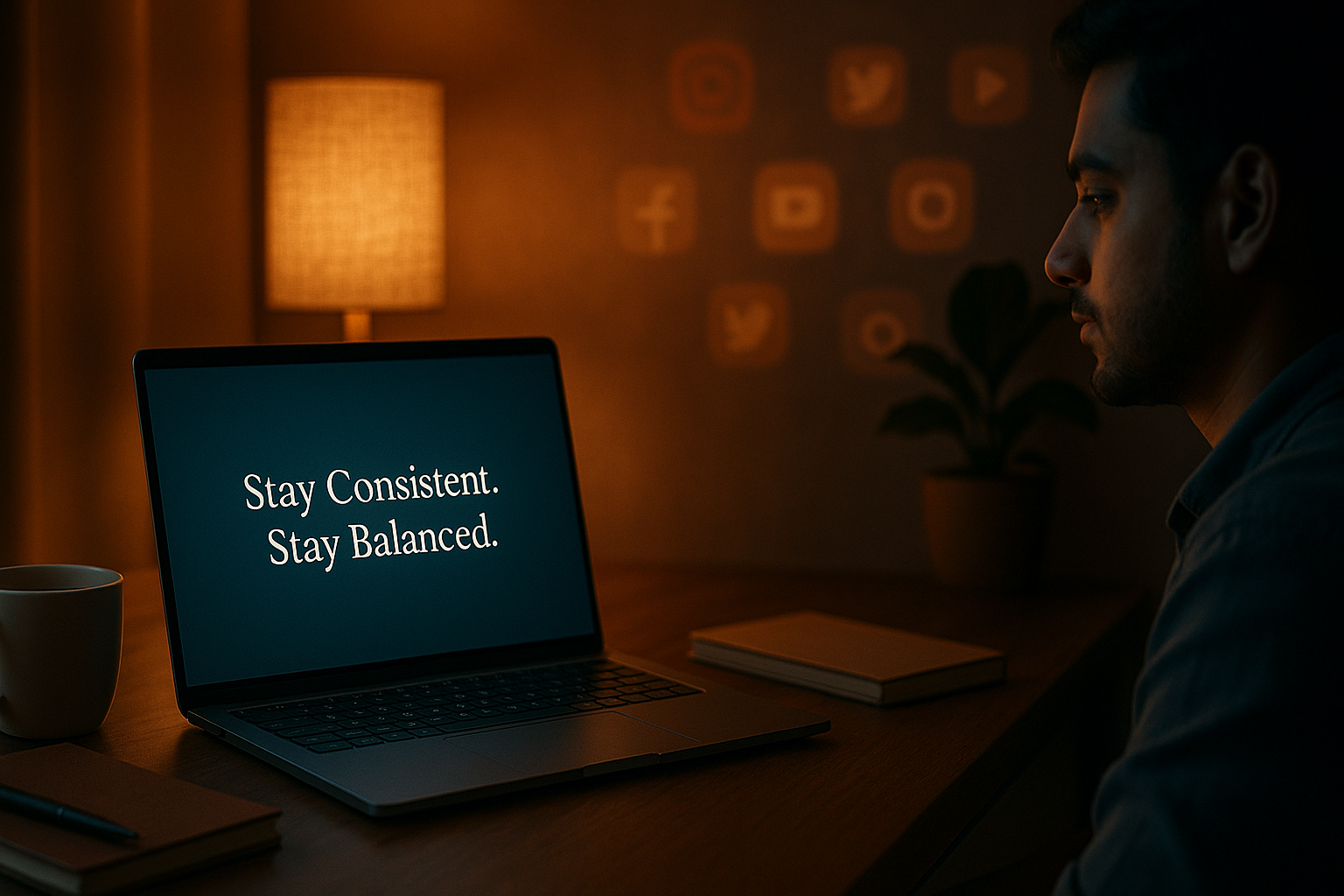 An Indian influencer workspace with warm lighting representing balance and sustainable growth. Tagline reads ‘Stay Consistent. Stay Balanced.’