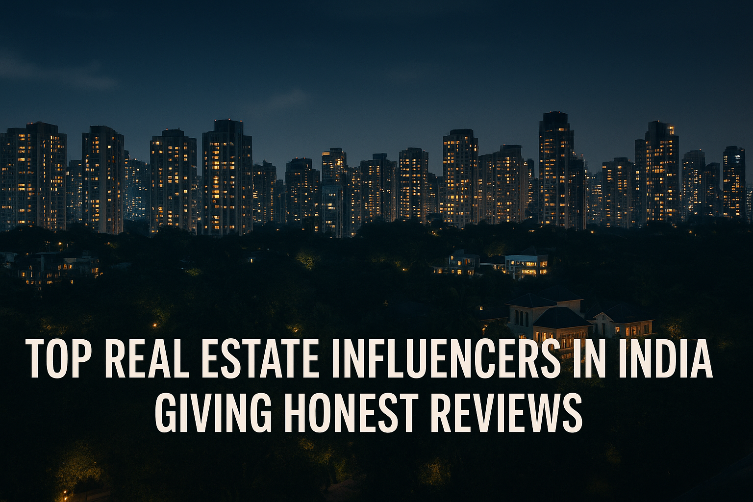 Night city skyline of Indian real estate with tagline “Top Real Estate Influencers in India Giving Honest Reviews” representing transparency and growth in India’s property market.