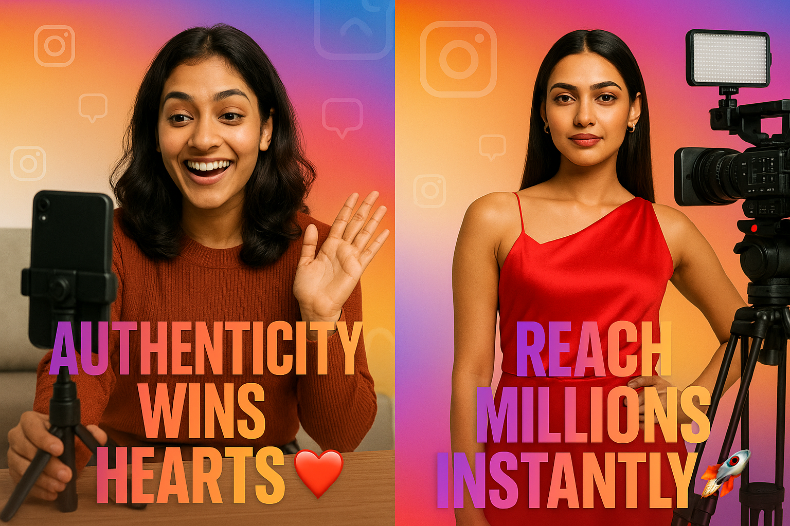 Split-screen image of Indian micro and macro influencers with text “Authenticity Wins Hearts” and “Reach Millions Instantly” representing influencer marketing styles in India.