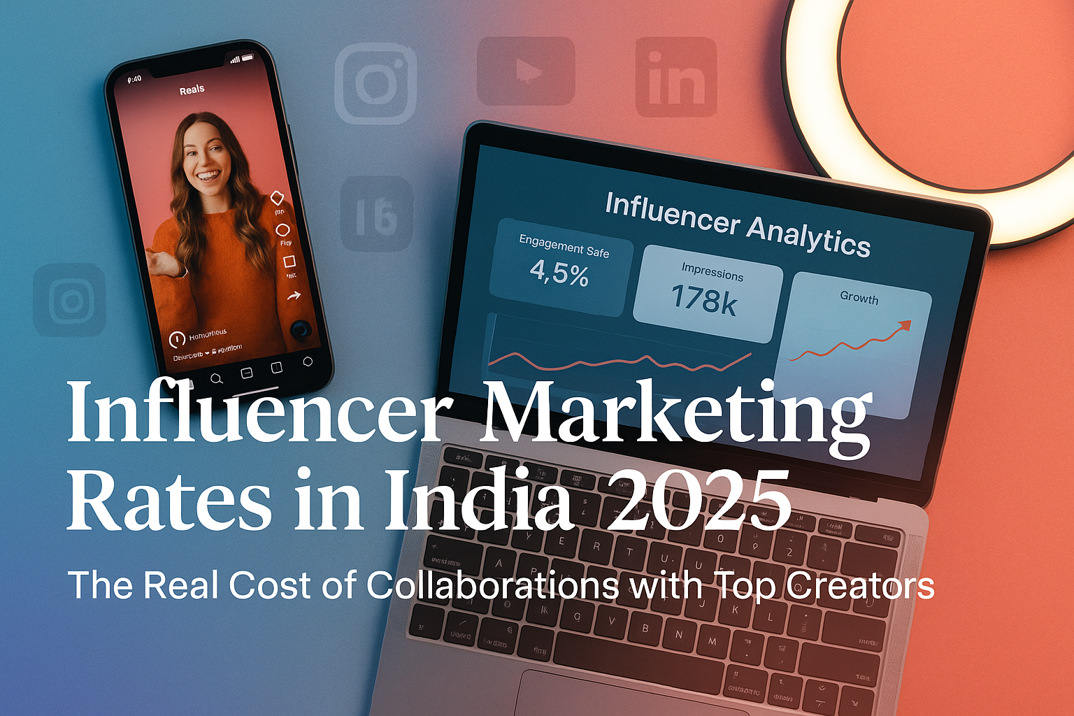 Modern digital workspace with phone, laptop analytics, and social media icons representing influencer marketing rates in India 2025 — designed in calming blue and coral tones for engagement.