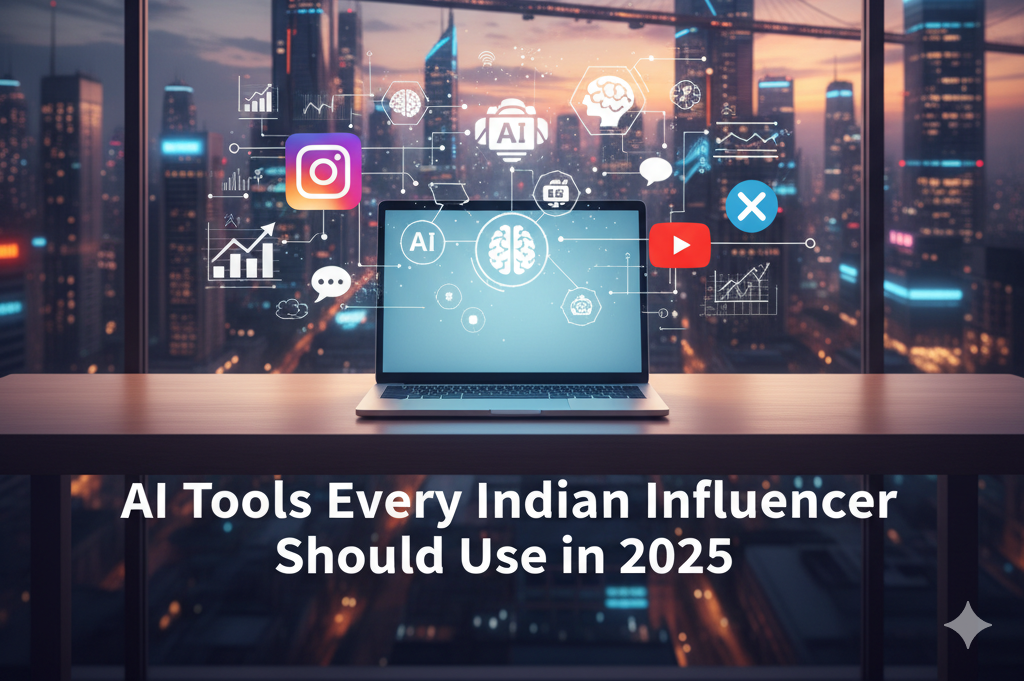 Banner image showing AI tools and digital icons with an Indian city skyline background representing AI-powered influencer growth in 2025.