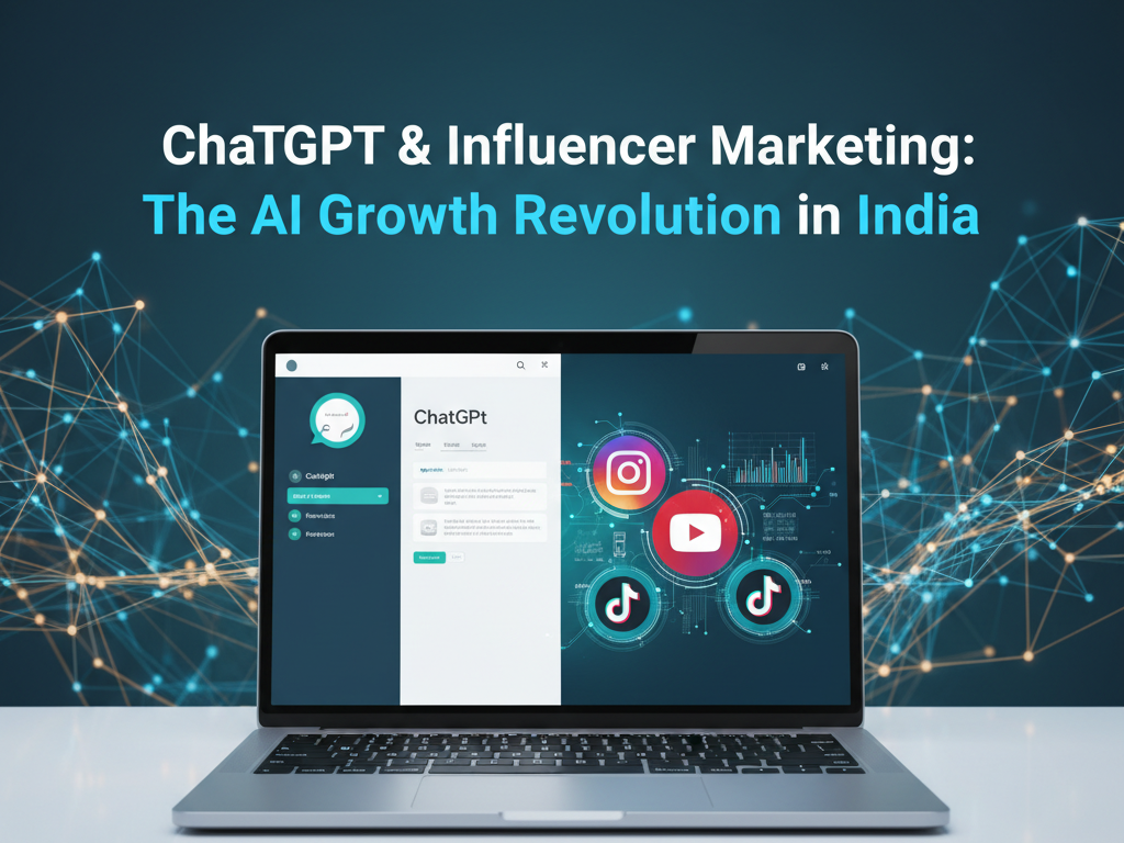 AI-driven influencer workspace showing ChatGPT and social media analytics — representing ChatGPT’s impact on influencer marketing in India.