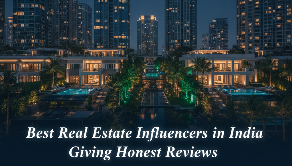 Night-time Indian cityscape featuring high-rises, villas, and greenery with the tagline “Best Real Estate Influencers in India Giving Honest Reviews,” symbolizing trust and authenticity in real estate content.