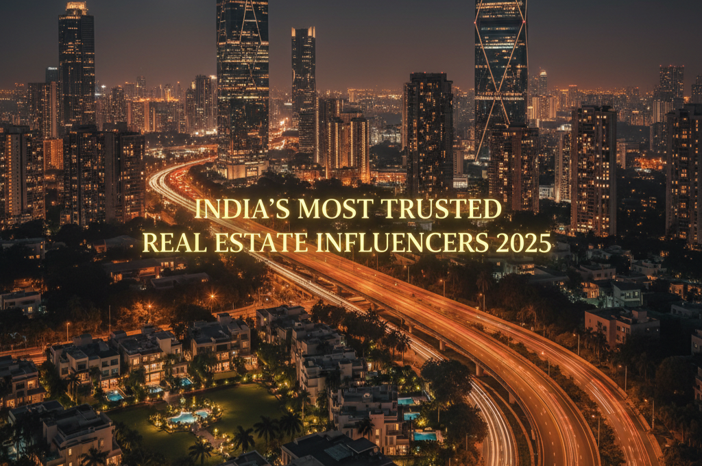 Indian skyline at night with luxury apartments and villas representing top real estate influencers in India 2025.