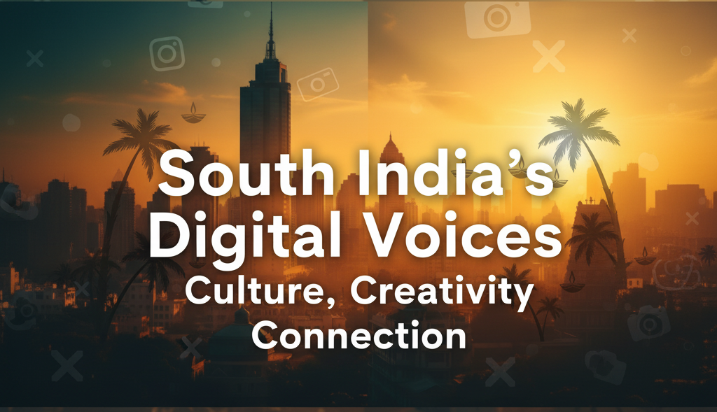 Digital banner showing South Indian skylines and social media icons with tagline ‘South India’s Digital Voices - Culture, Creativity, Connection’.