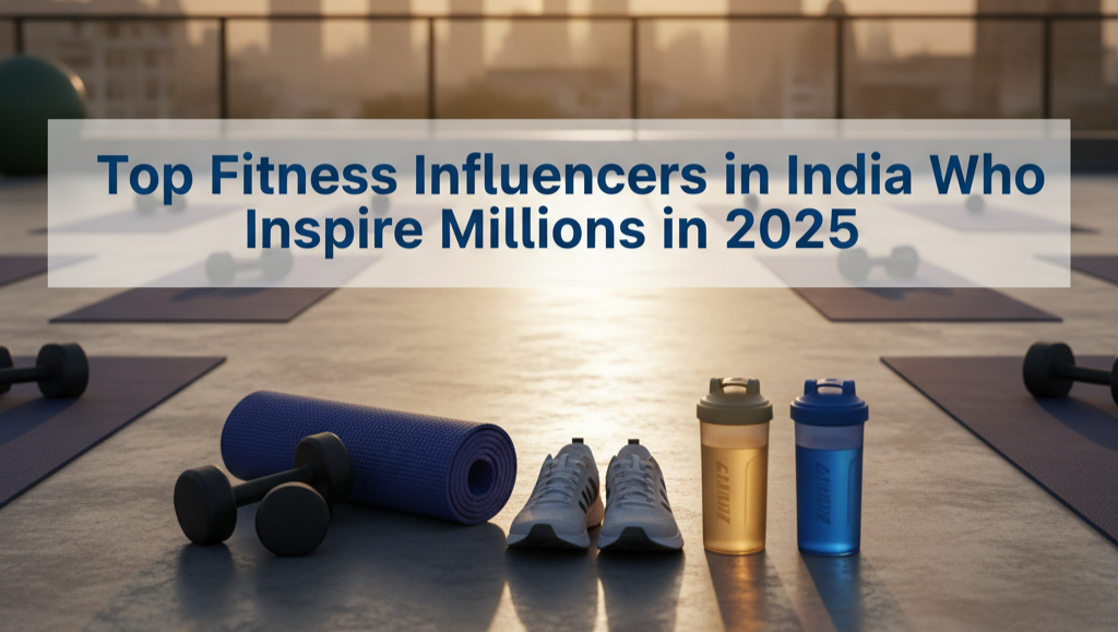 Sunrise rooftop gym with Indian city skyline in the background, fitness equipment symbolizing strength and motivation, with tagline “Top Fitness Influencers in India Who Inspire Millions in 2025.”