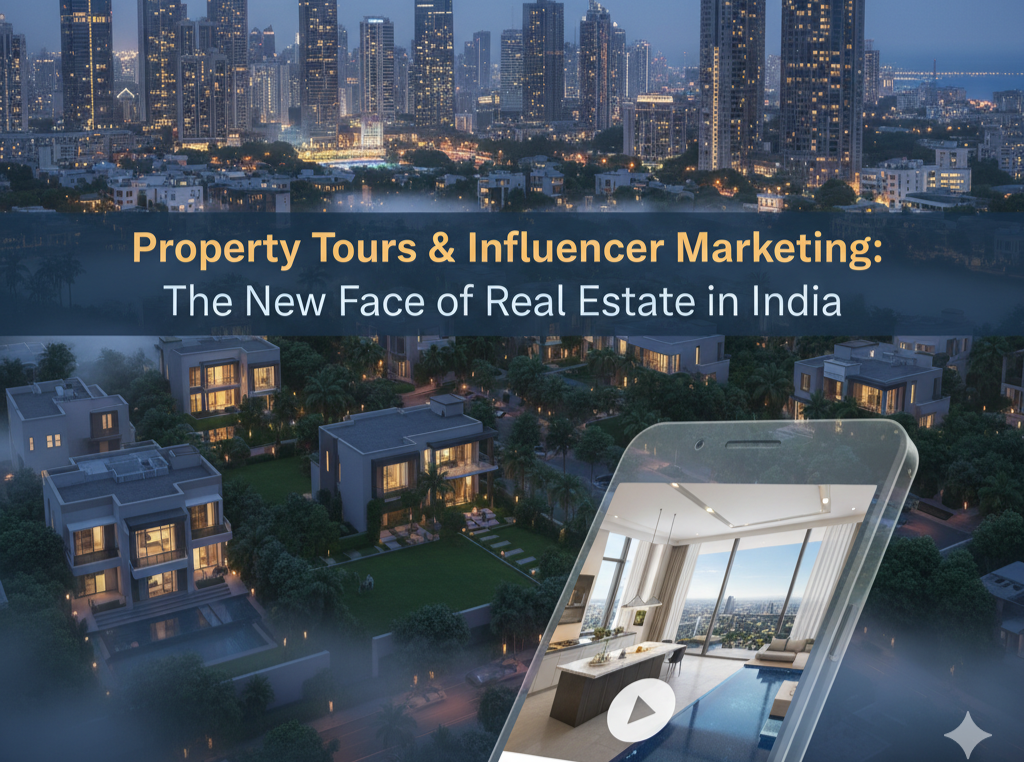Modern Indian city skyline with property tours concept and influencer marketing tagline displayed at night.