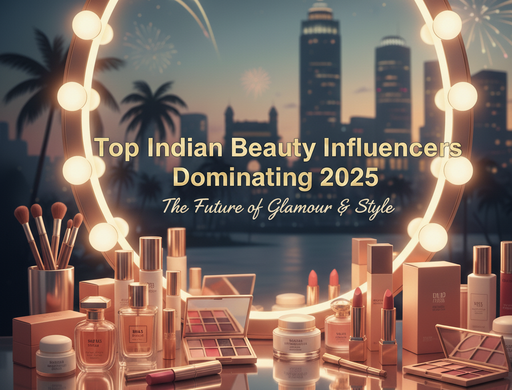 Luxury vanity table with makeup products and glowing lights, representing top Indian beauty influencers of 2025.