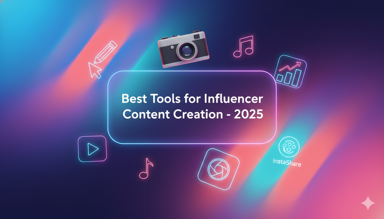 Aesthetic depth-effect digital artwork with colorful gradients and floating creative tools icons representing influencer content creation apps.