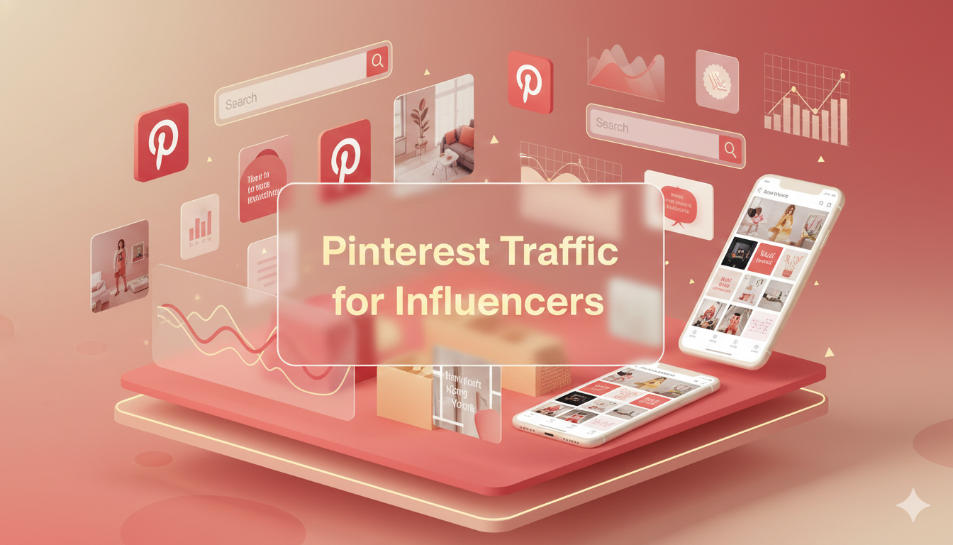 Aesthetic depth-effect illustration showing Pinterest icons, analytics charts, and creator workspace visuals representing how influencers use Pinterest for traffic.