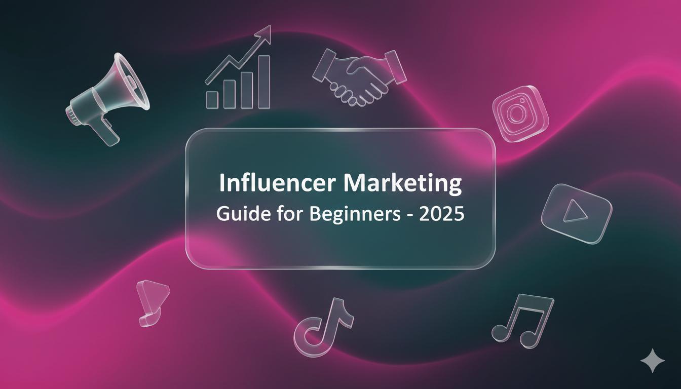Aesthetic depth-effect illustration with influencer marketing icons, social media symbols, and colorful gradients designed for a beginner influencer marketing guide