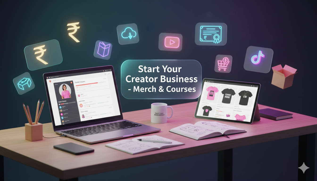 Depth-effect illustration of a creator workspace with merch mockups, online course elements, and vibrant gradients representing how to start a creator business