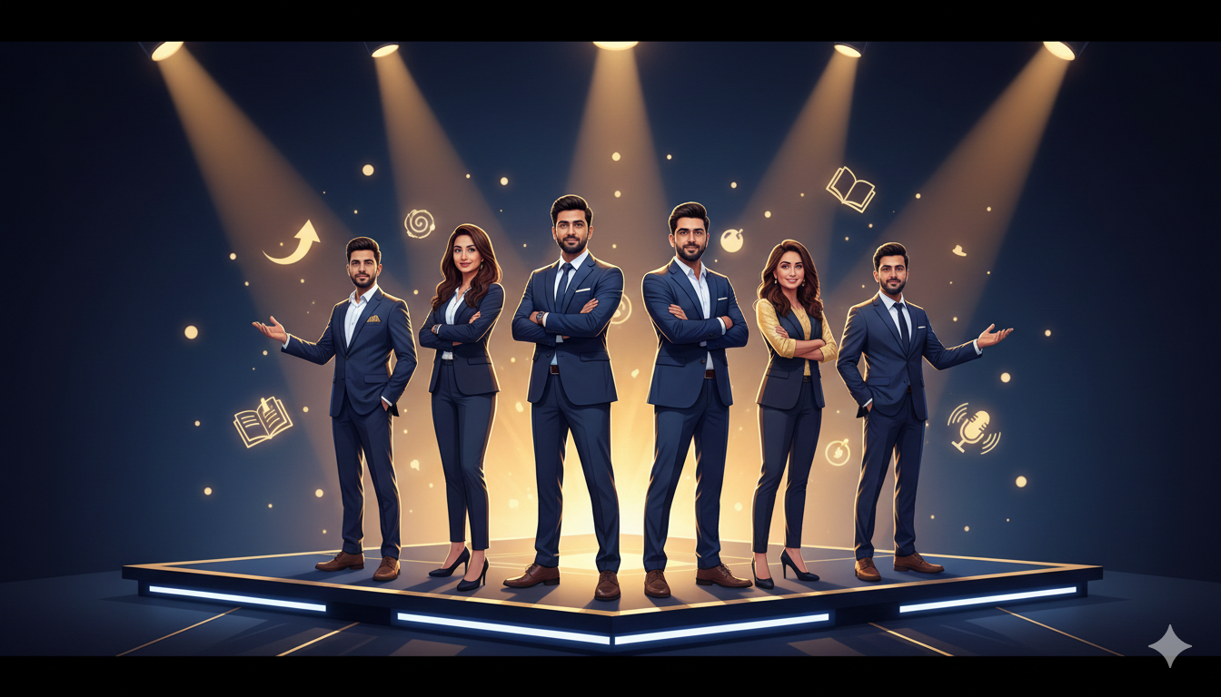 Illustration of top motivational influencers in India standing with confidence on a bright inspirational stage with golden and blue lighting