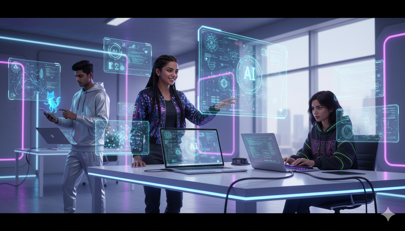 Indian influencers using AI tools on digital devices in a futuristic studio.