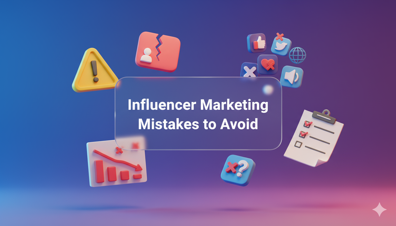 Aesthetic depth-effect illustration with warning icons, charts, and social media symbols representing influencer marketing mistakes to avoid.