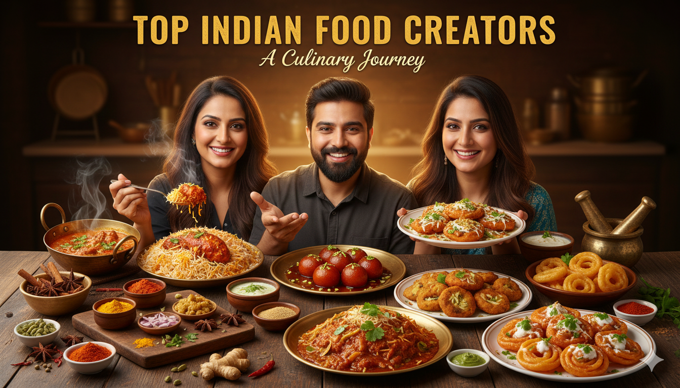 Thumbnail featuring top food creators in India with delicious Indian dishes.