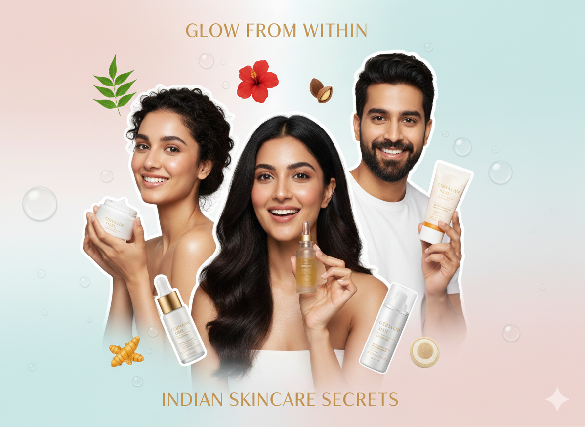 Thumbnail featuring top skincare influencers in India with skincare products and glowing skin.