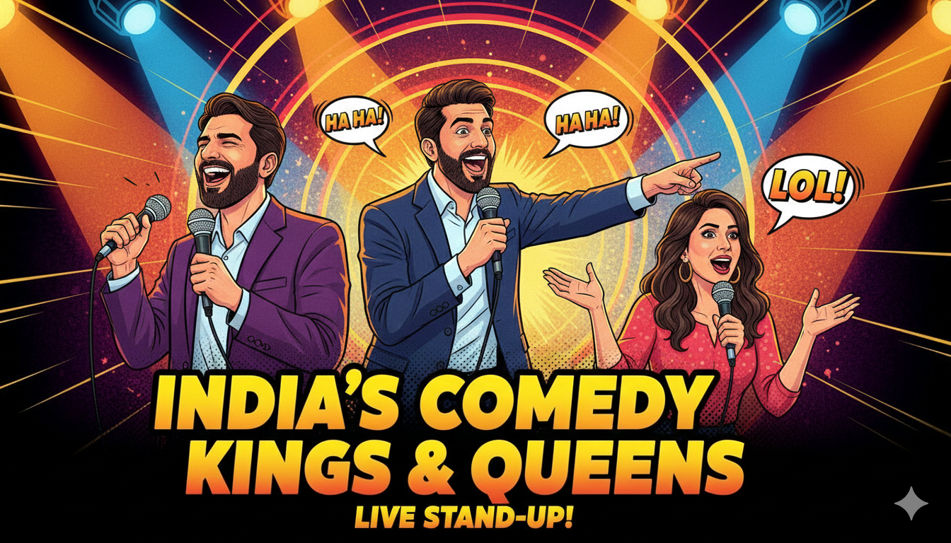 Thumbnail featuring top stand-up comedy influencers in India performing on stage with microphones.
