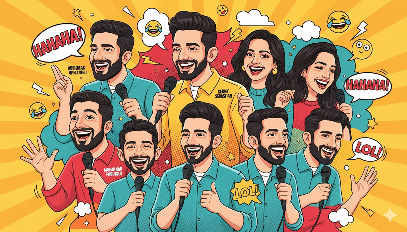 Thumbnail illustration of top comedy influencers in India with bright, humorous elements.