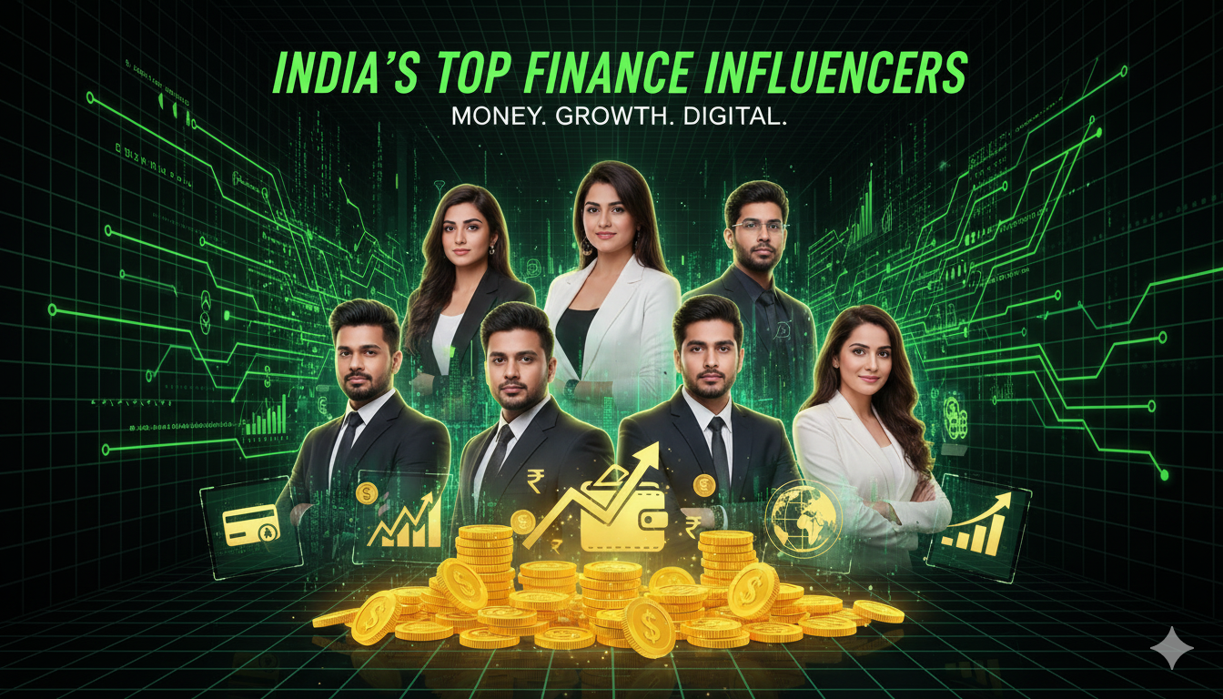 Thumbnail illustration of top finance influencers in India with money and stock market elements.