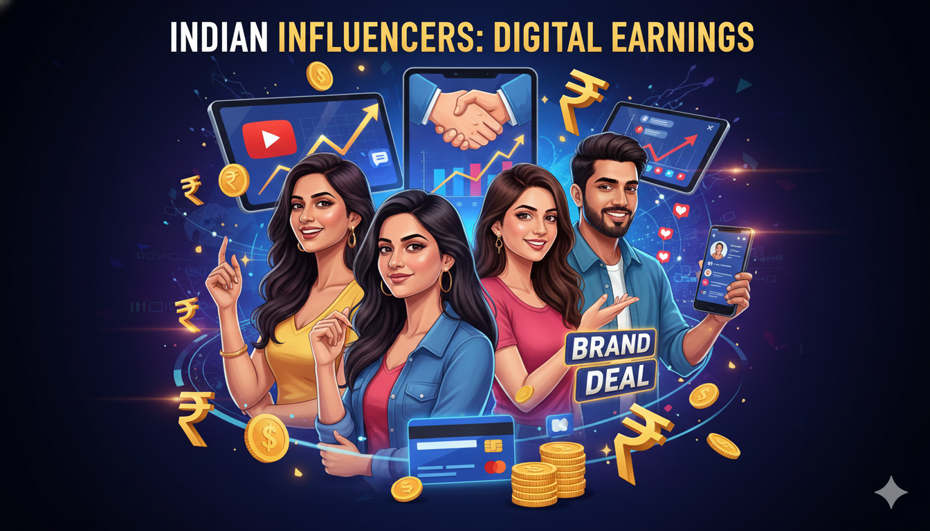Thumbnail showing influencer income in India with digital earnings and rupee symbols.