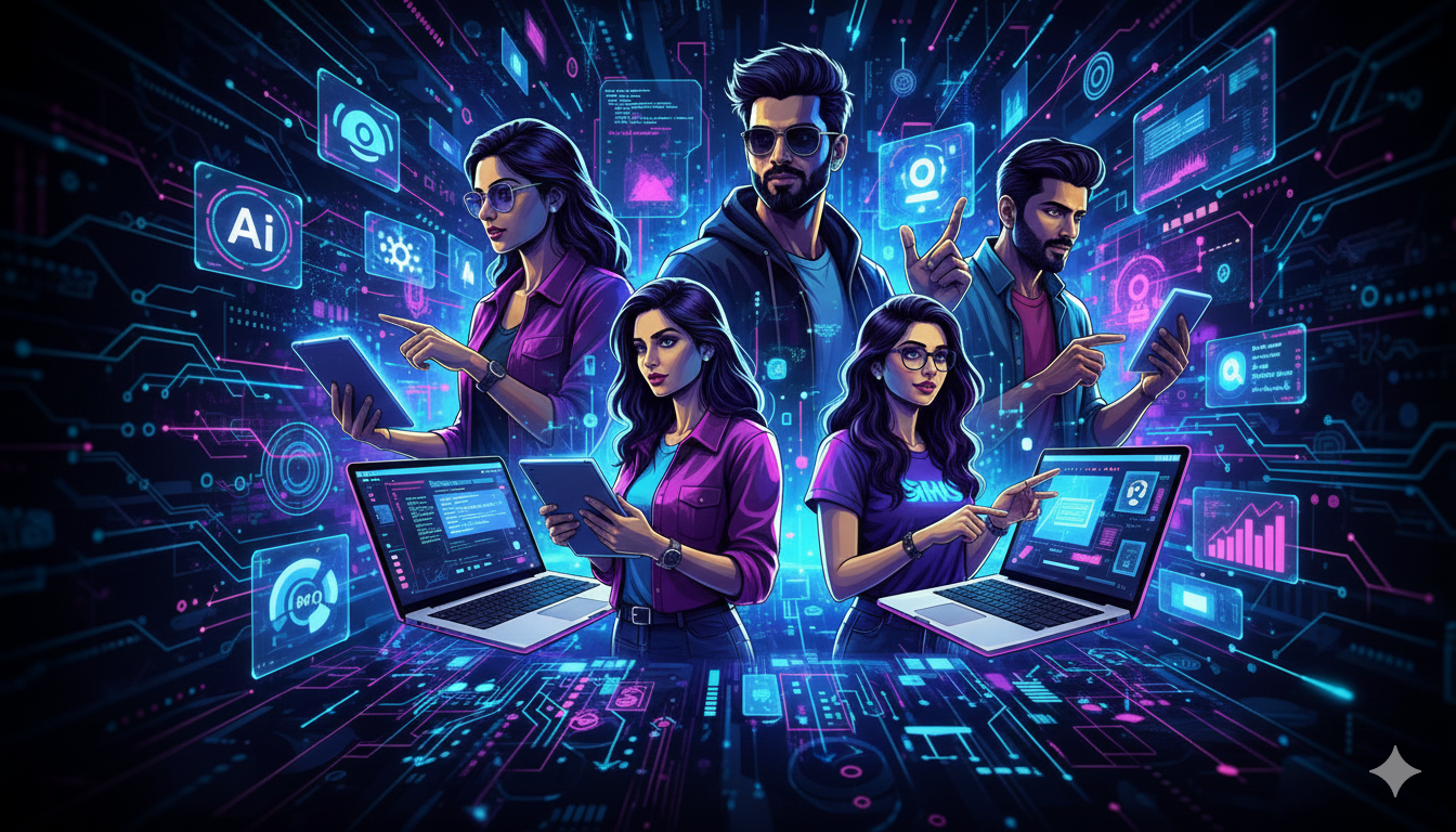 Top Bangalore tech influencers presenting gadgets and AI tools in a modern studio.