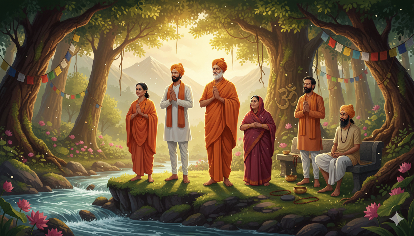 Top spiritual influencers in India standing in a peaceful natural environment.