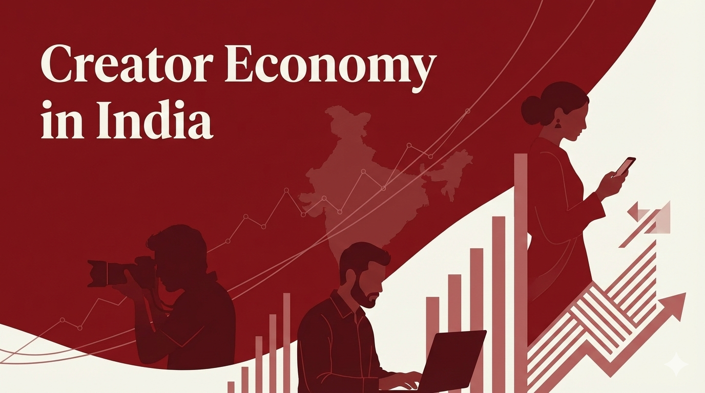 Classy editorial thumbnail representing the creator economy growth in India with digital creators and subtle analytics.
