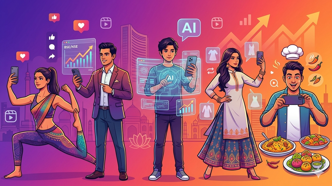 Fastest growing influencer niches in India 2026 including finance, fitness, tech, fashion and food creators on Instagram.